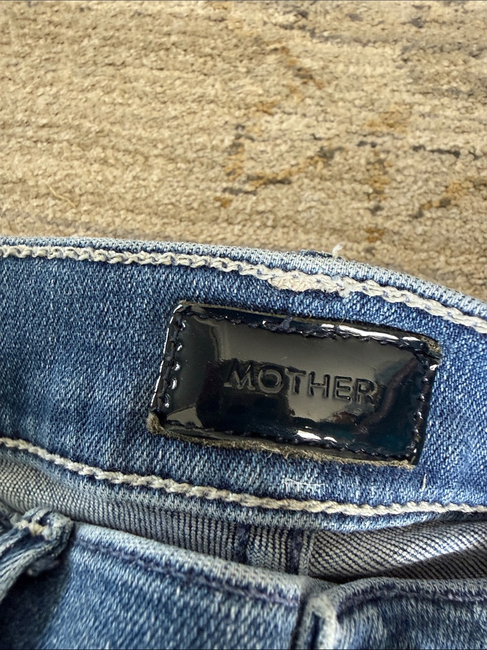 MOTHER Blue Denim Jeans with Black Patent Logo Patch